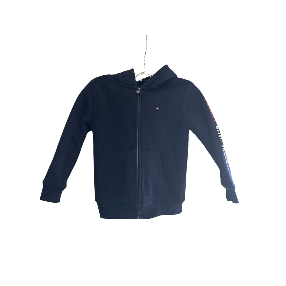 Tommy Hilfiger Kids Navy Blue Sherpa Lined Full Zip Hoodie Logo Sleeve Size 7